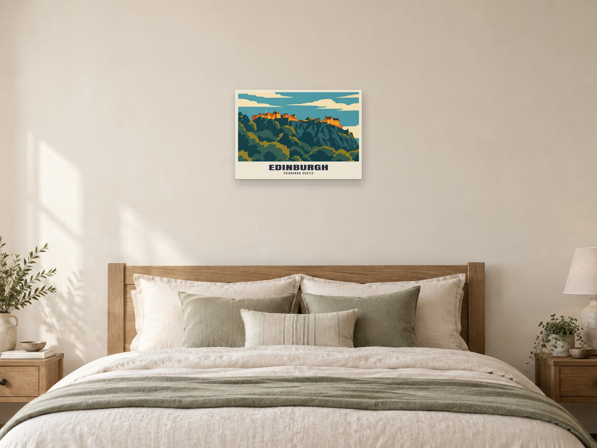 Edinburgh Castle Mid-Century Poster at A2, as a poster, above a bed