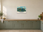 Edinburgh Castle Mid-Century Poster at A2, in a white frame, in a kitchen
