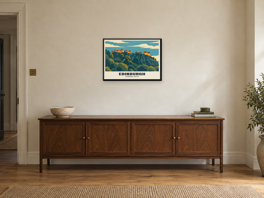 Edinburgh Castle Mid-Century Poster at A2, in a black frame, above a sideboard