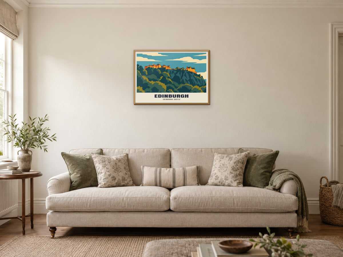 Edinburgh Castle Mid-Century Poster at A2, in a natural wood frame, in a sitting room