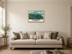 Edinburgh Castle Mid-Century Poster at A2, in a natural wood frame, in a sitting room