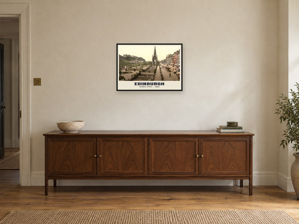 Princes Street, Edinburgh Poster at A2, in a black frame, above a sideboard