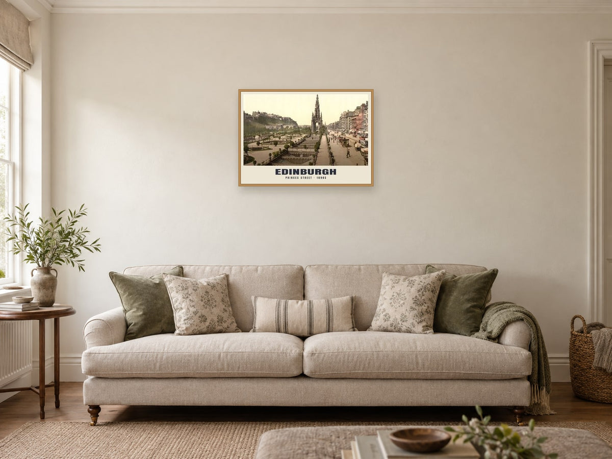 Princes Street, Edinburgh Poster at A2, in a natural wood frame, in a sitting room