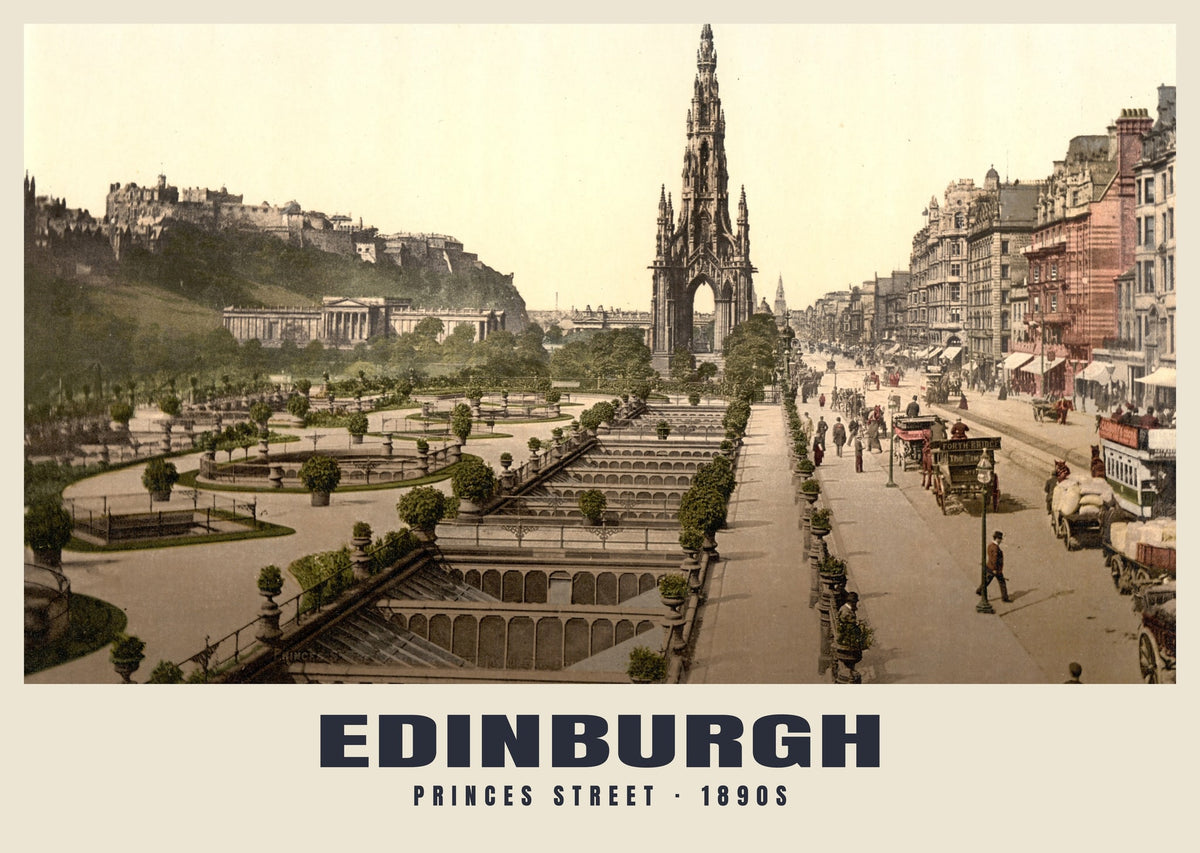 Princes Street, Edinburgh, 1890s hand-coloured photochrom heritage print