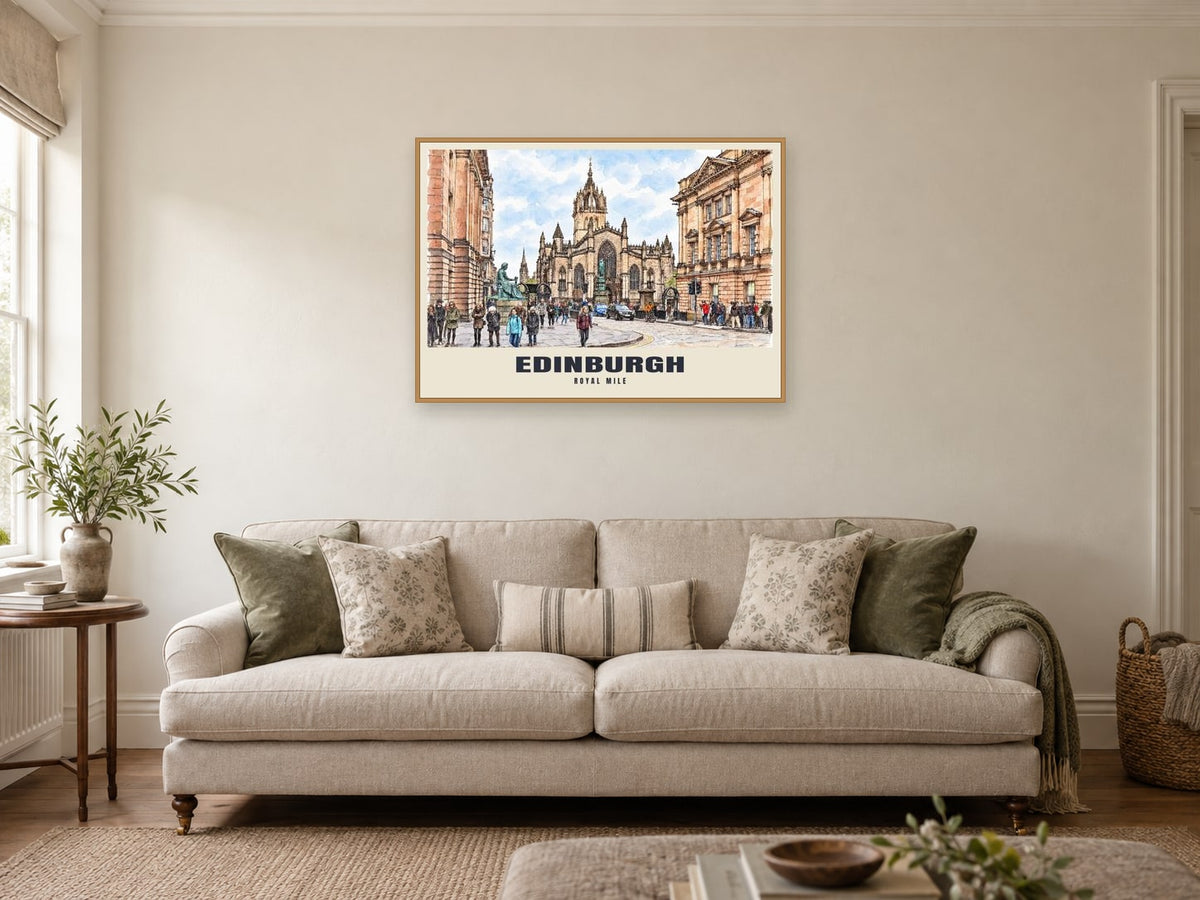 The Royal Mile, Edinburgh Poster at A1, in a natural wood frame, in a sitting room