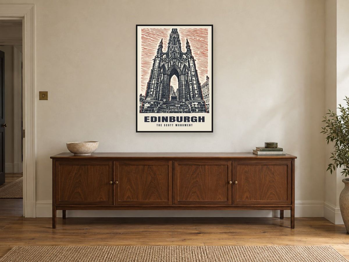The Scott Monument, Edinburgh Poster at A1, in a black frame, above a sideboard