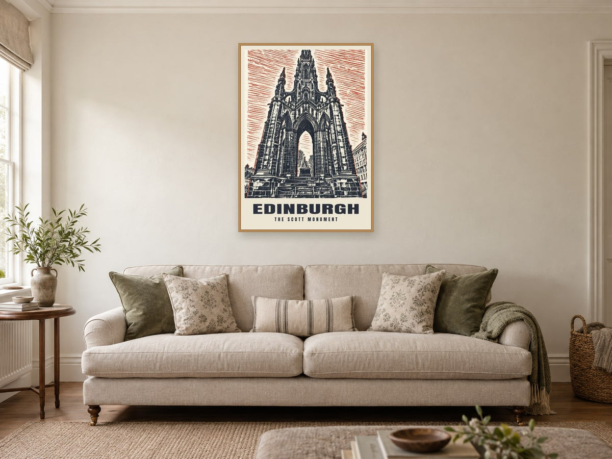 The Scott Monument, Edinburgh Poster at A1, in a natural wood frame, in a sitting room
