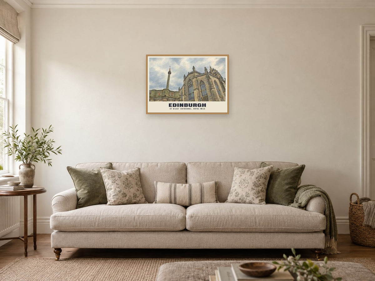 St Giles' Cathedral, Royal Mile, Edinburgh British Heritage Poster at A2, in a natural wood frame, in a sitting room