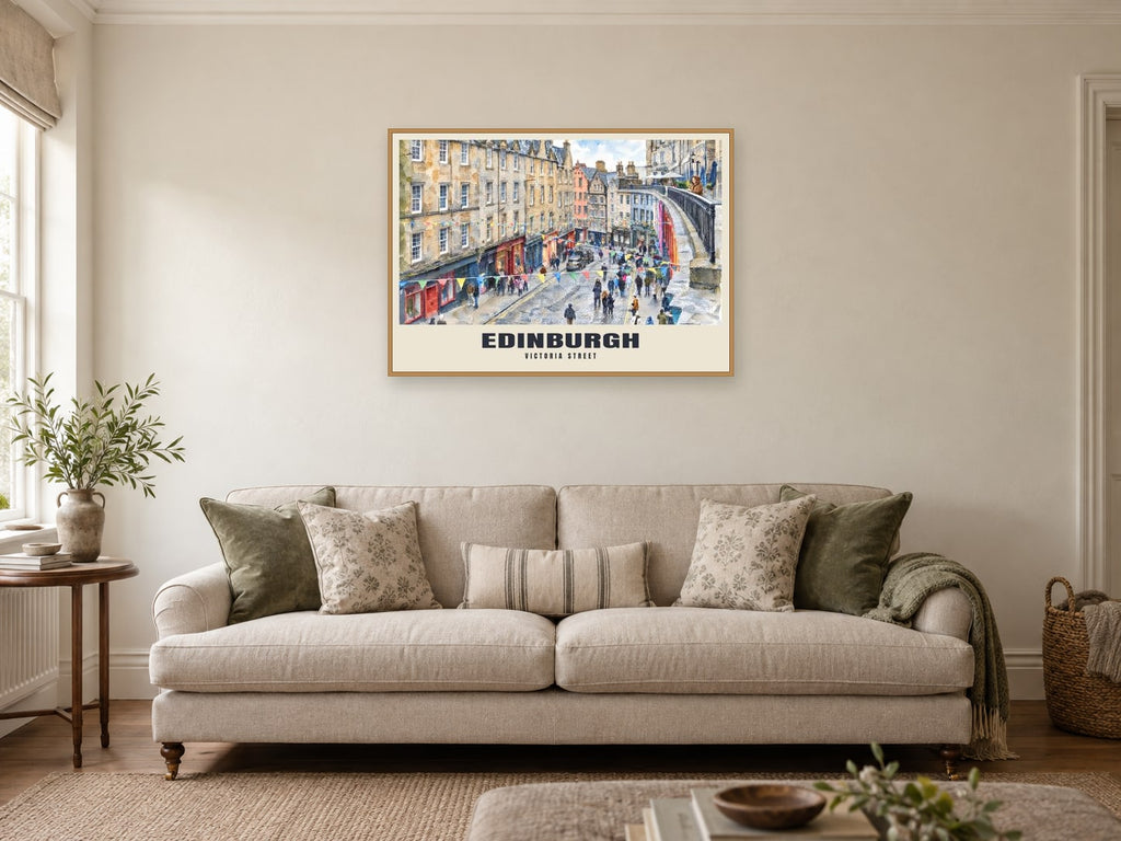 Victoria Street, Edinburgh Poster at A1, in a natural wood frame, in a sitting room