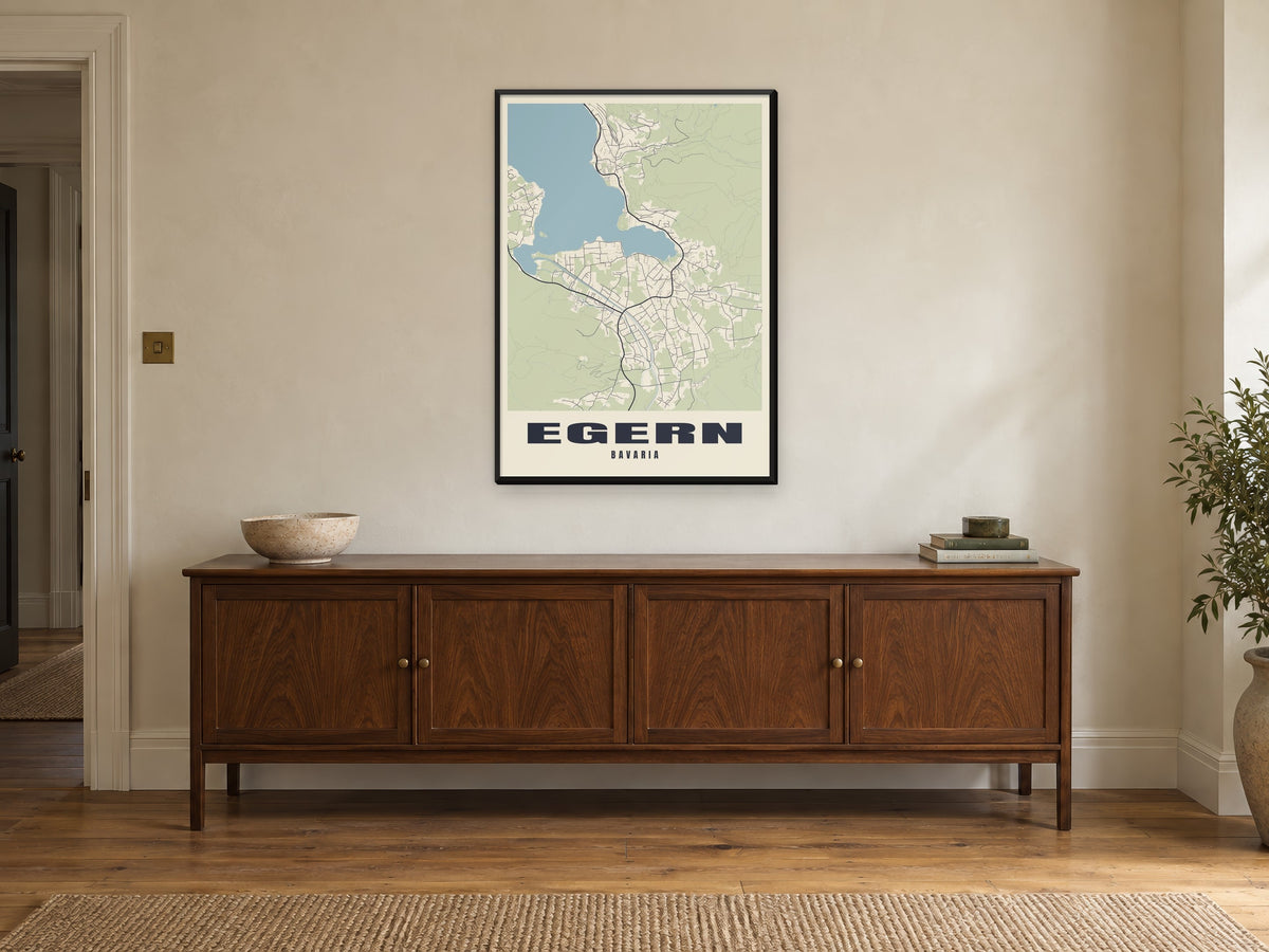 Egern Street Map Poster at A1, in a black frame, above a sideboard
