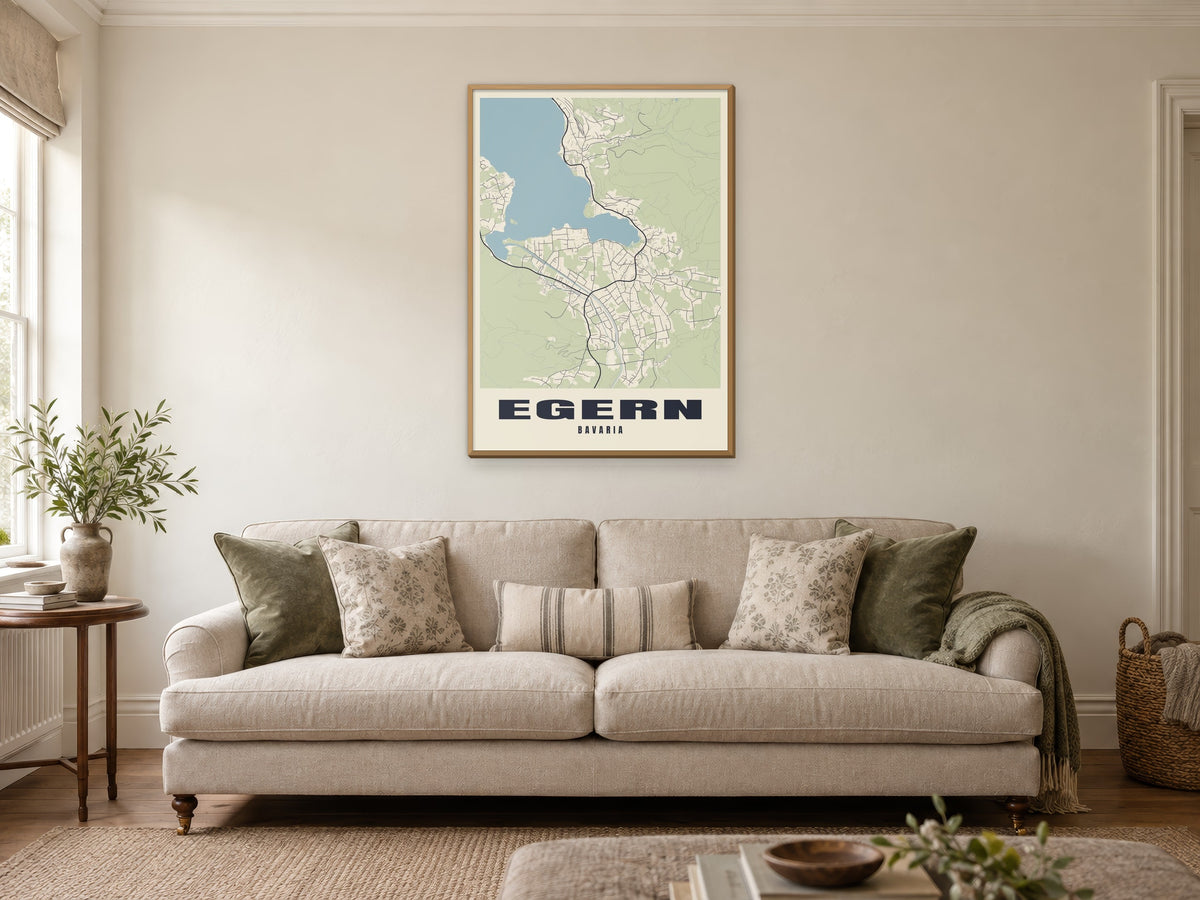 Egern Street Map Poster at A1, in a natural wood frame, in a sitting room