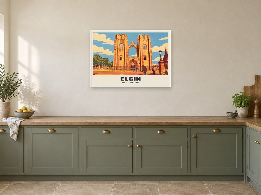 Elgin Cathedral Poster at A1, in a white frame, in a kitchen