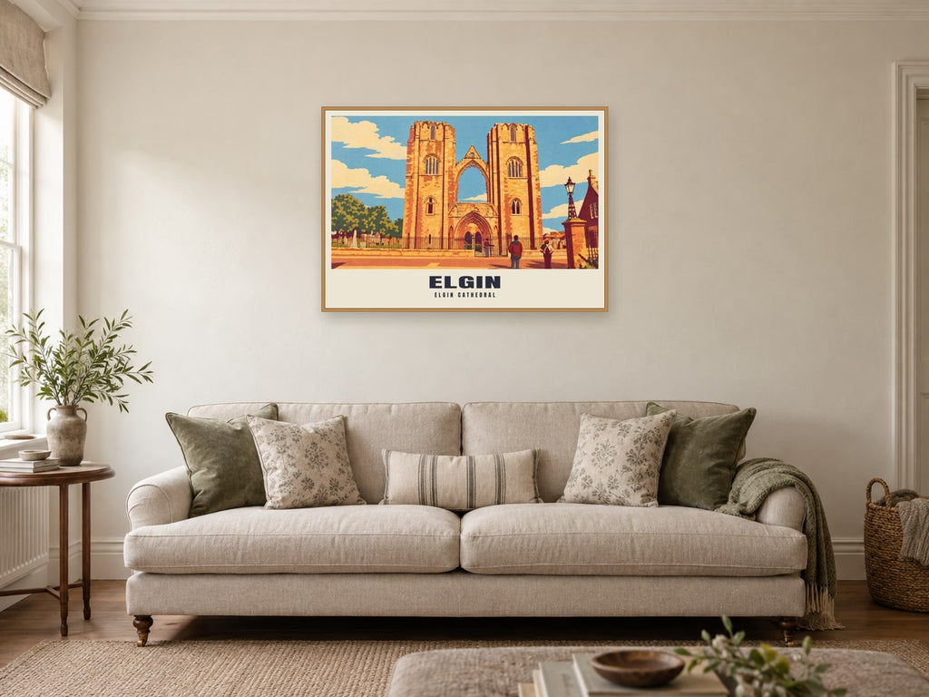 Elgin Cathedral Poster at A1, in a natural wood frame, in a sitting room
