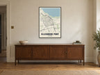 Ellesmere Port Street Map Poster at A1, in a black frame, above a sideboard