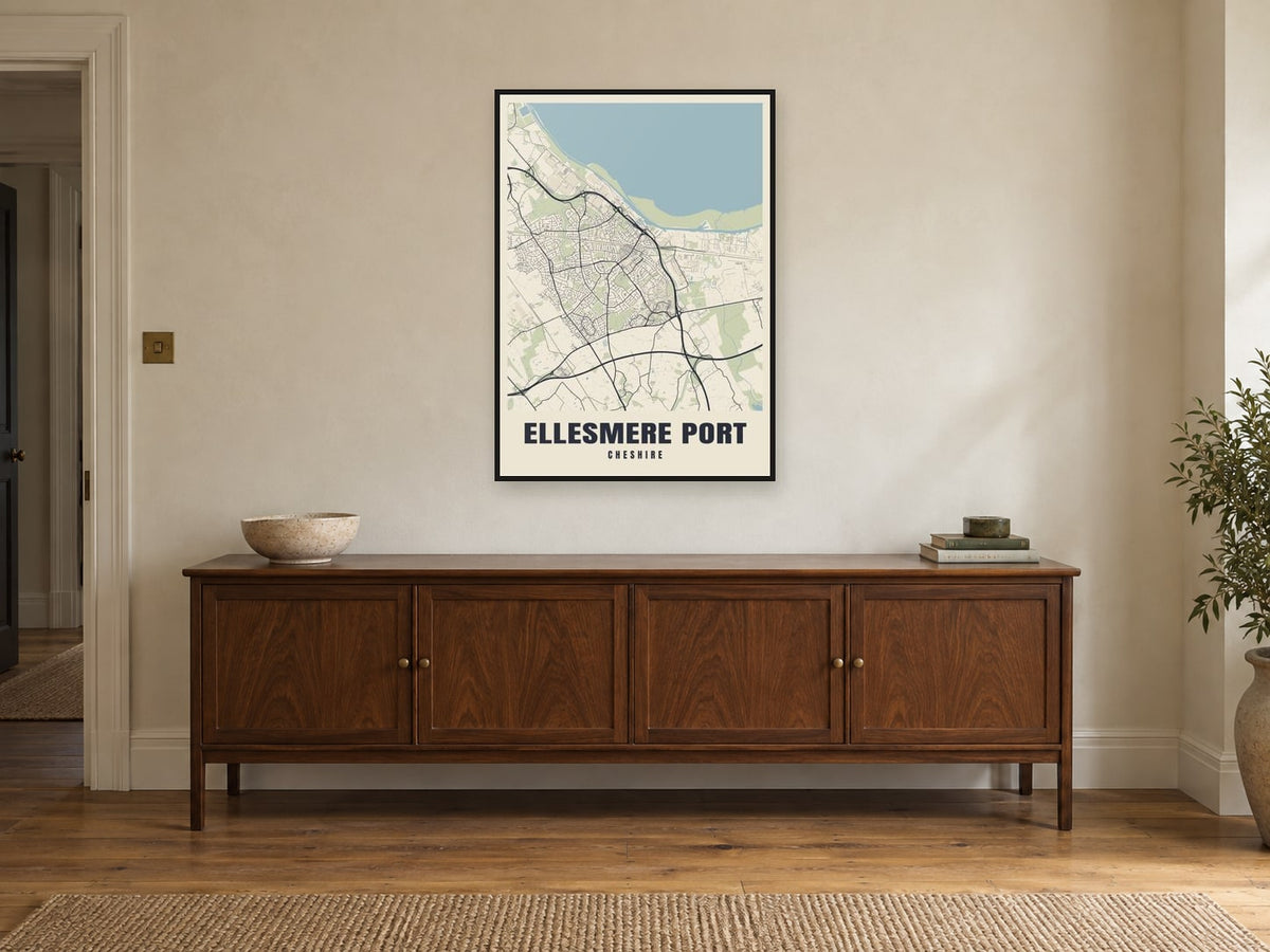 Ellesmere Port Street Map Poster at A1, in a black frame, above a sideboard