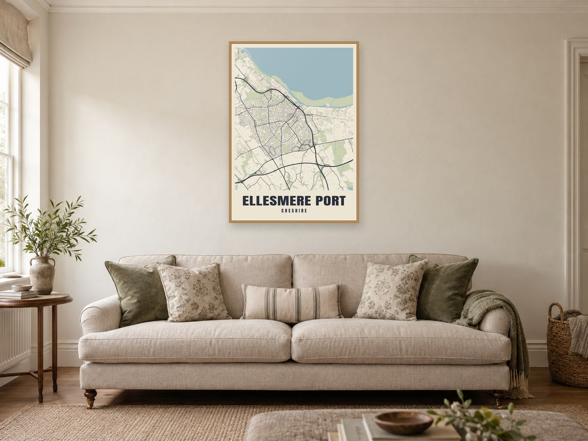 Ellesmere Port Street Map Poster at A1, in a natural wood frame, in a sitting room