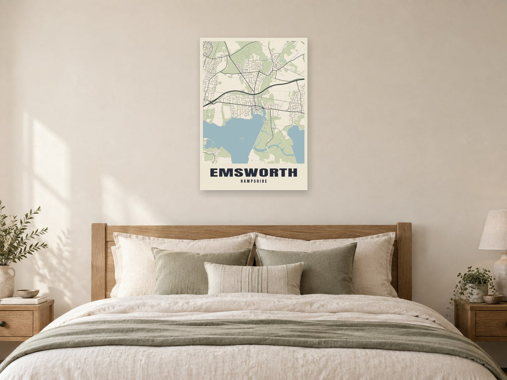 Emsworth Street Map Poster at A1, as a poster, above a bed