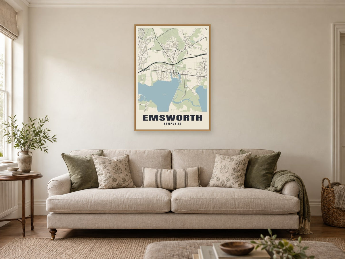 Emsworth Street Map Poster at A1, in a natural wood frame, in a sitting room