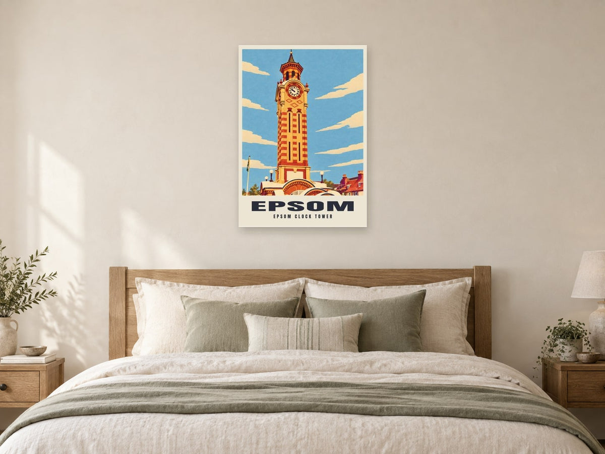 Epsom Clock Tower Poster at A1, as a poster, above a bed