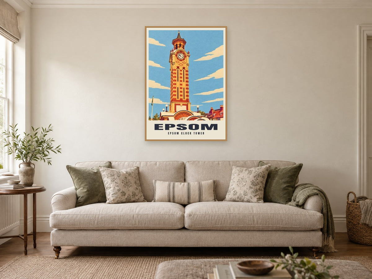Epsom Clock Tower Poster at A1, in a natural wood frame, in a sitting room