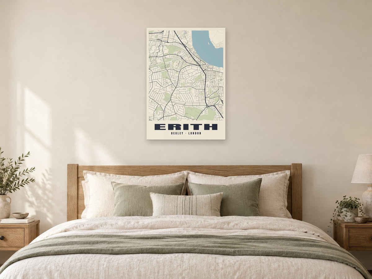 Erith Heritage Street Map Poster at A1, as a poster, above a bed