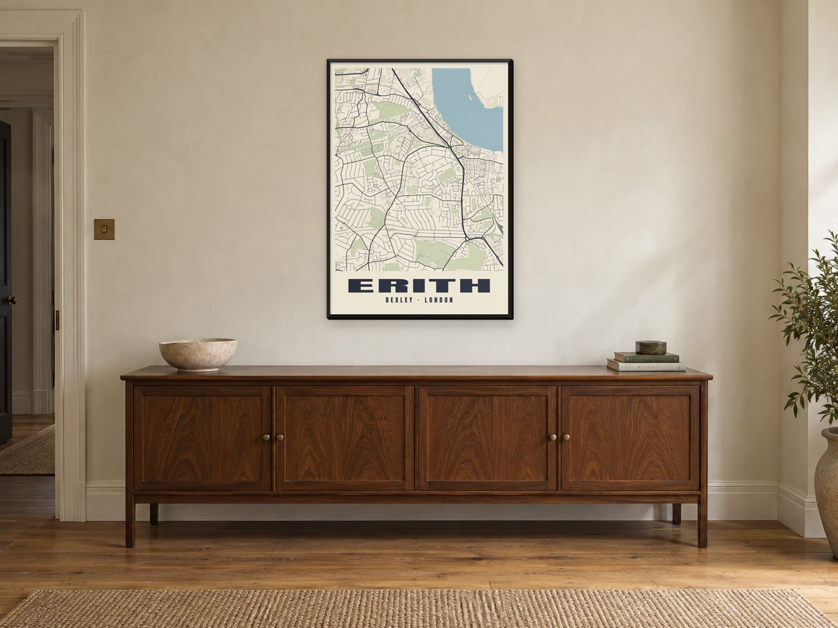 Erith Heritage Street Map Poster at A1, in a black frame, above a sideboard