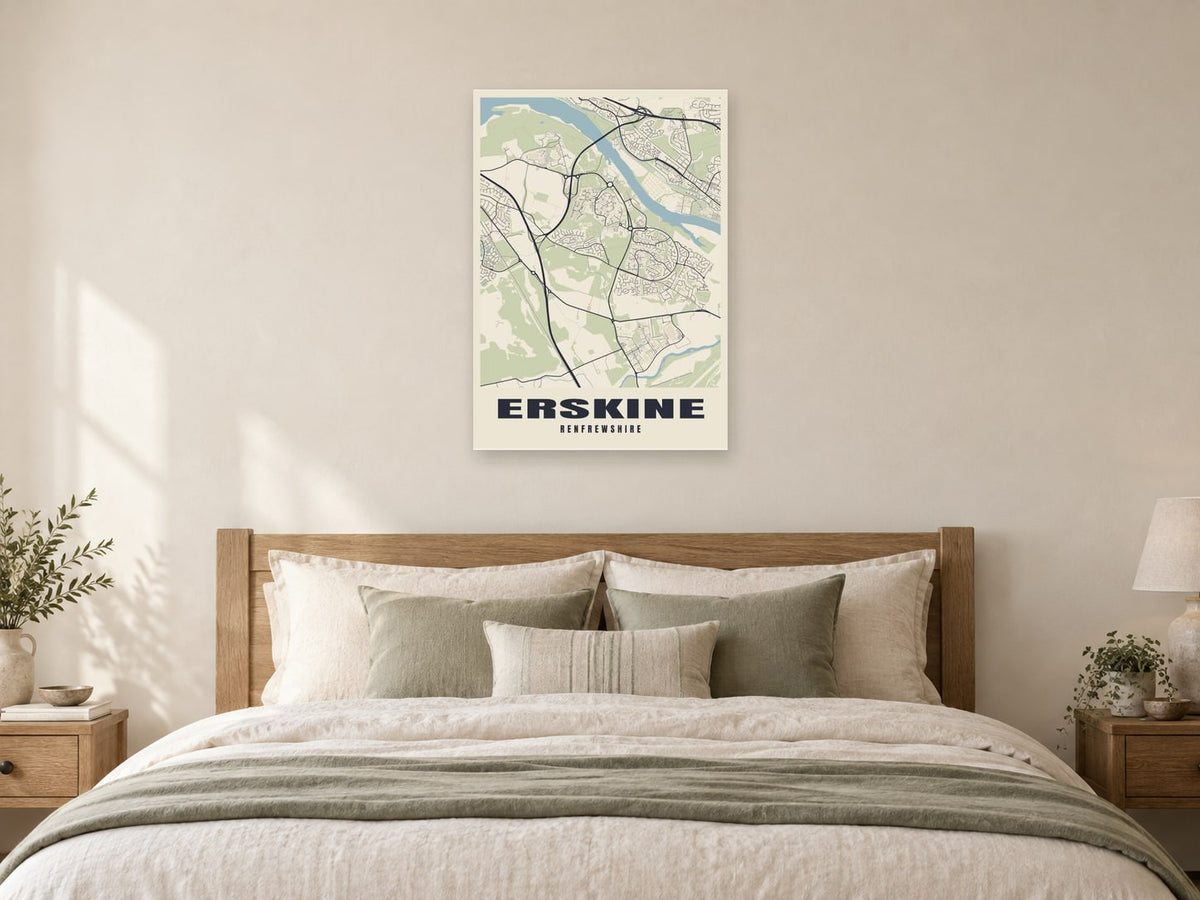 Erskine Street Map Poster at A1, as a poster, above a bed