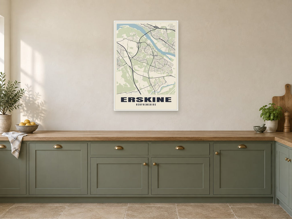 Erskine Street Map Poster at A1, in a white frame, in a kitchen