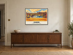 Claremont Landscape Garden, Esher Poster at A1, in a black frame, above a sideboard