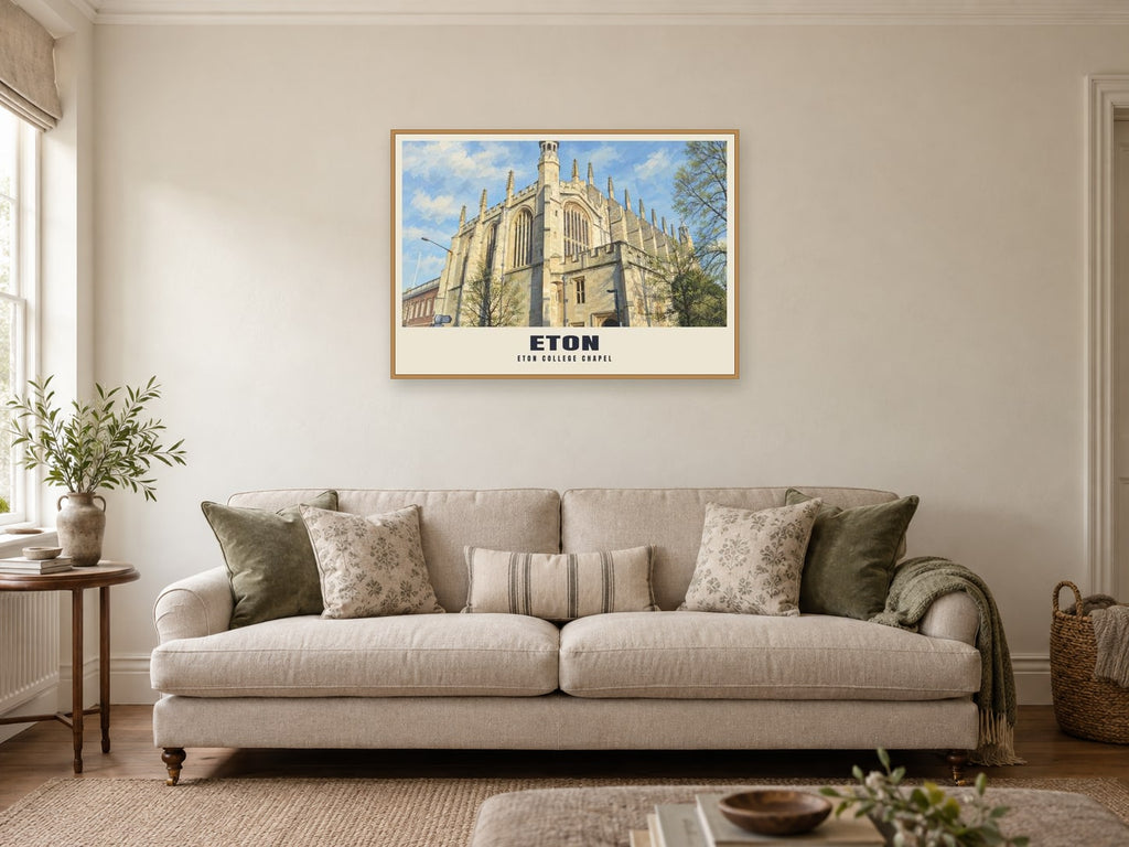 Eton College Chapel Poster at A1, in a natural wood frame, in a sitting room