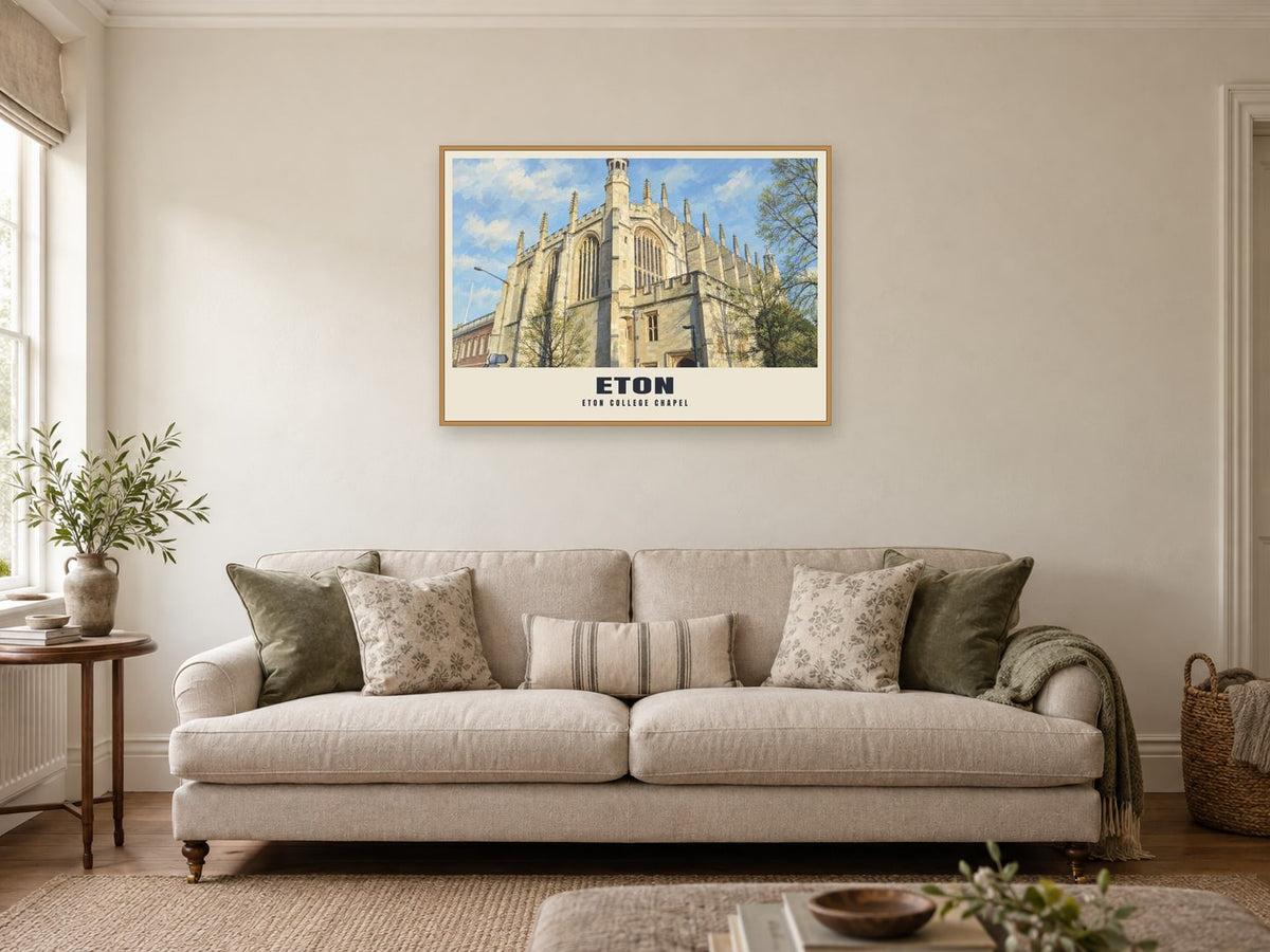 Eton College Chapel Poster at A1, in a natural wood frame, in a sitting room