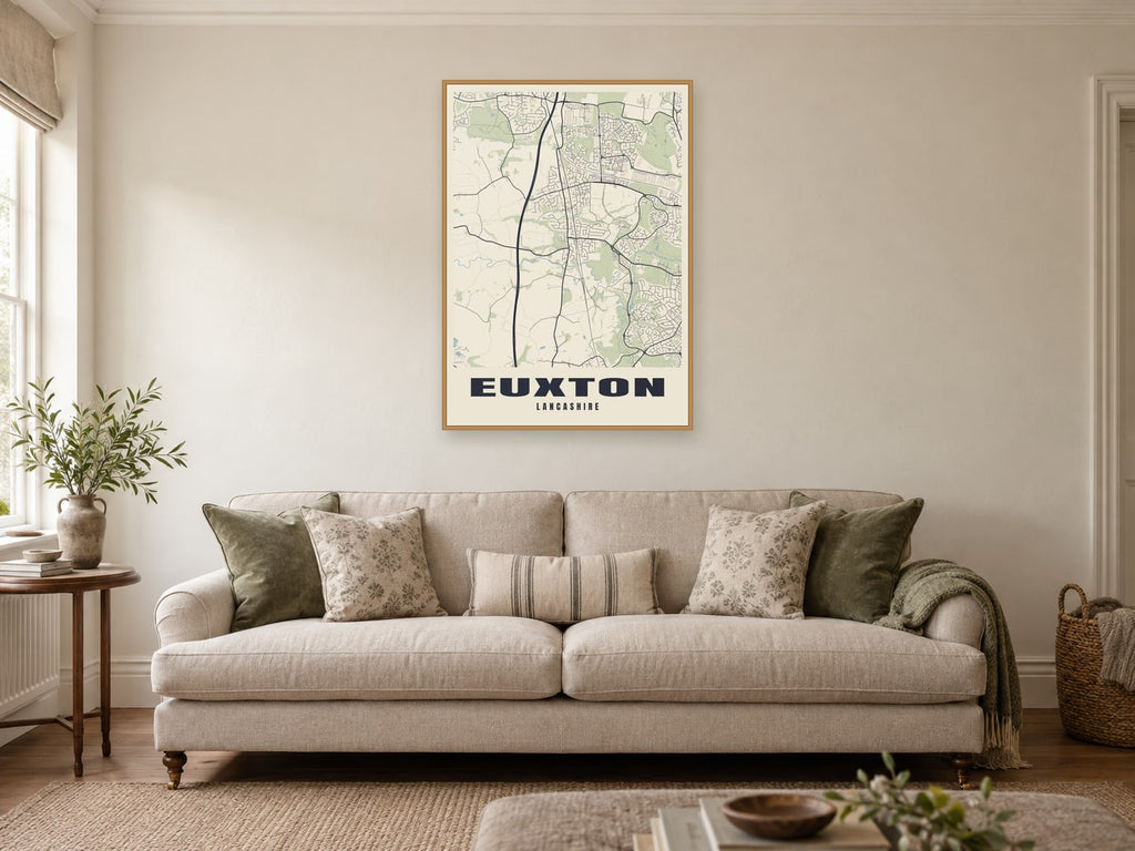 Euxton Street Map Poster at A1, in a natural wood frame, in a sitting room