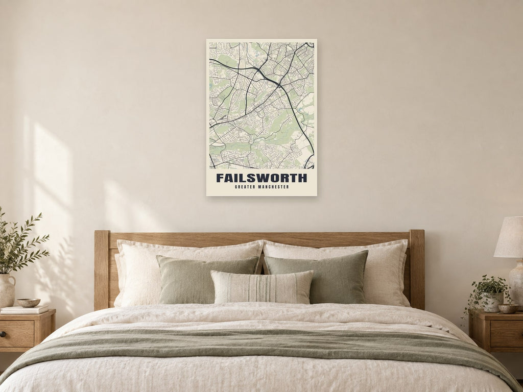 Failsworth Street Map Poster at A1, as a poster, above a bed