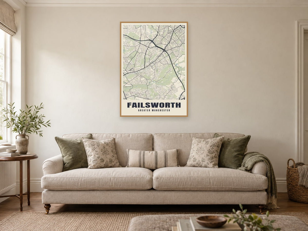 Failsworth Street Map Poster at A1, in a natural wood frame, in a sitting room