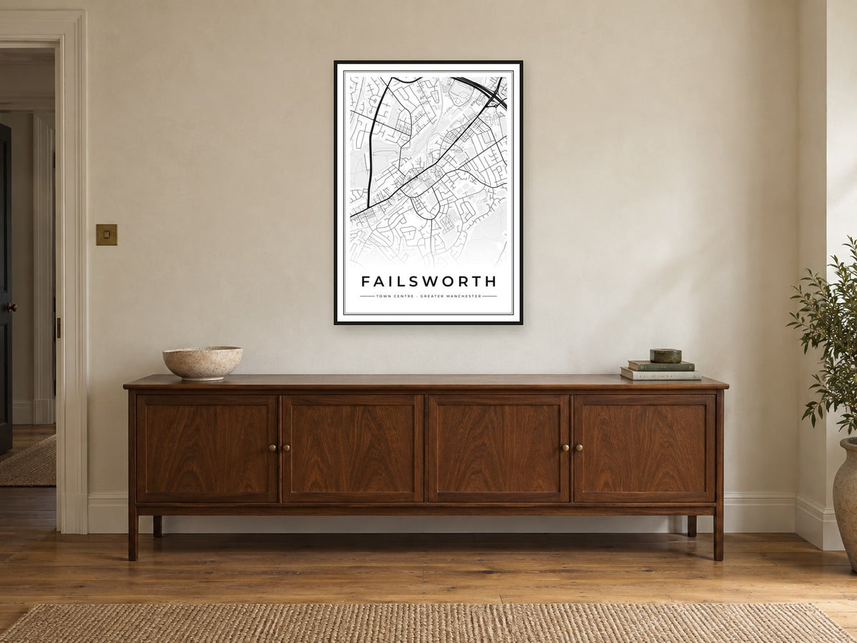 Failsworth Town Centre Street Map Poster at A1, in a black frame, above a sideboard