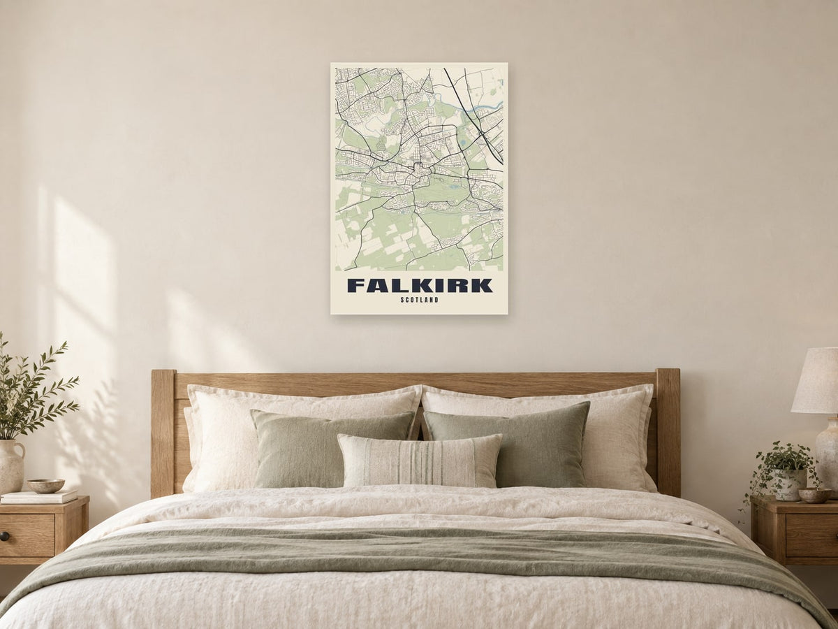 Falkirk Street Map Poster at A1, as a poster, above a bed