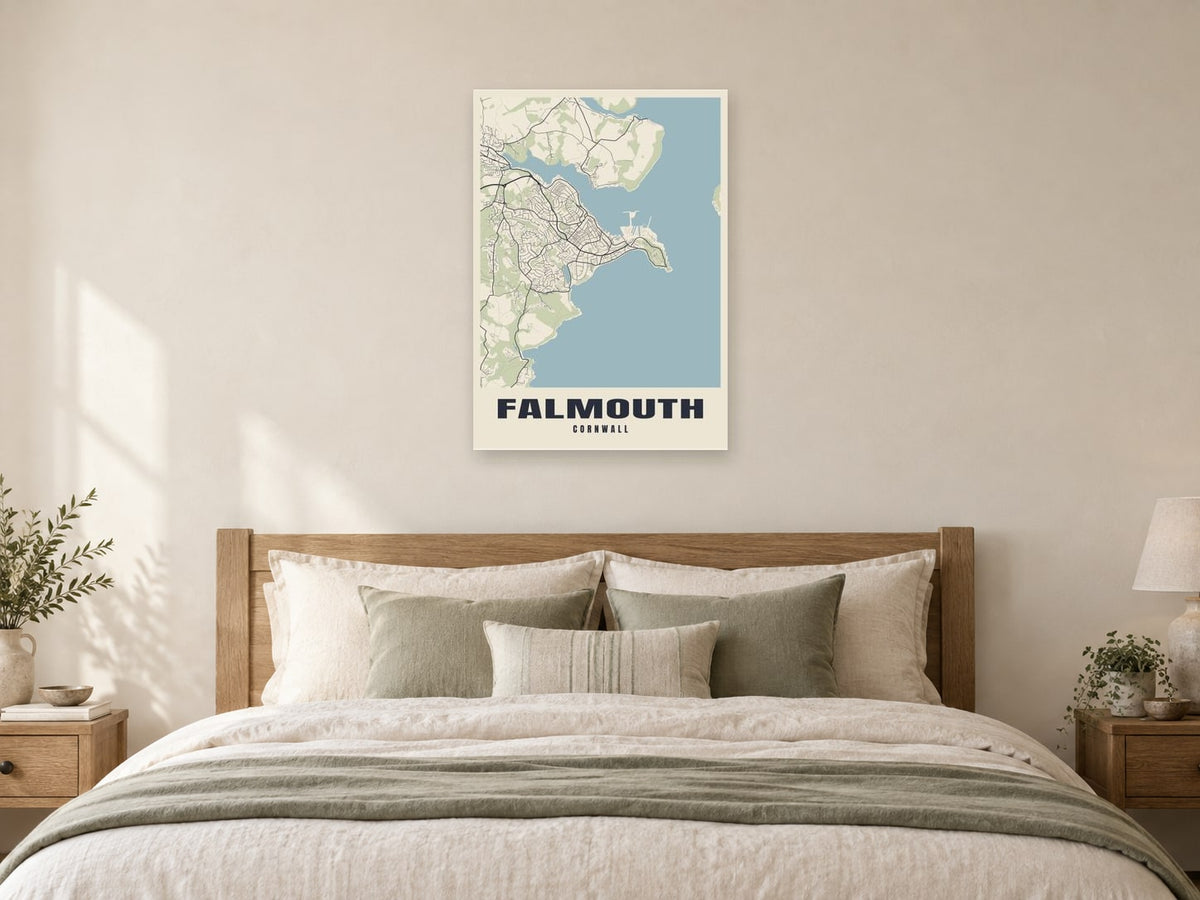 Falmouth Street Map Poster at A1, as a poster, above a bed