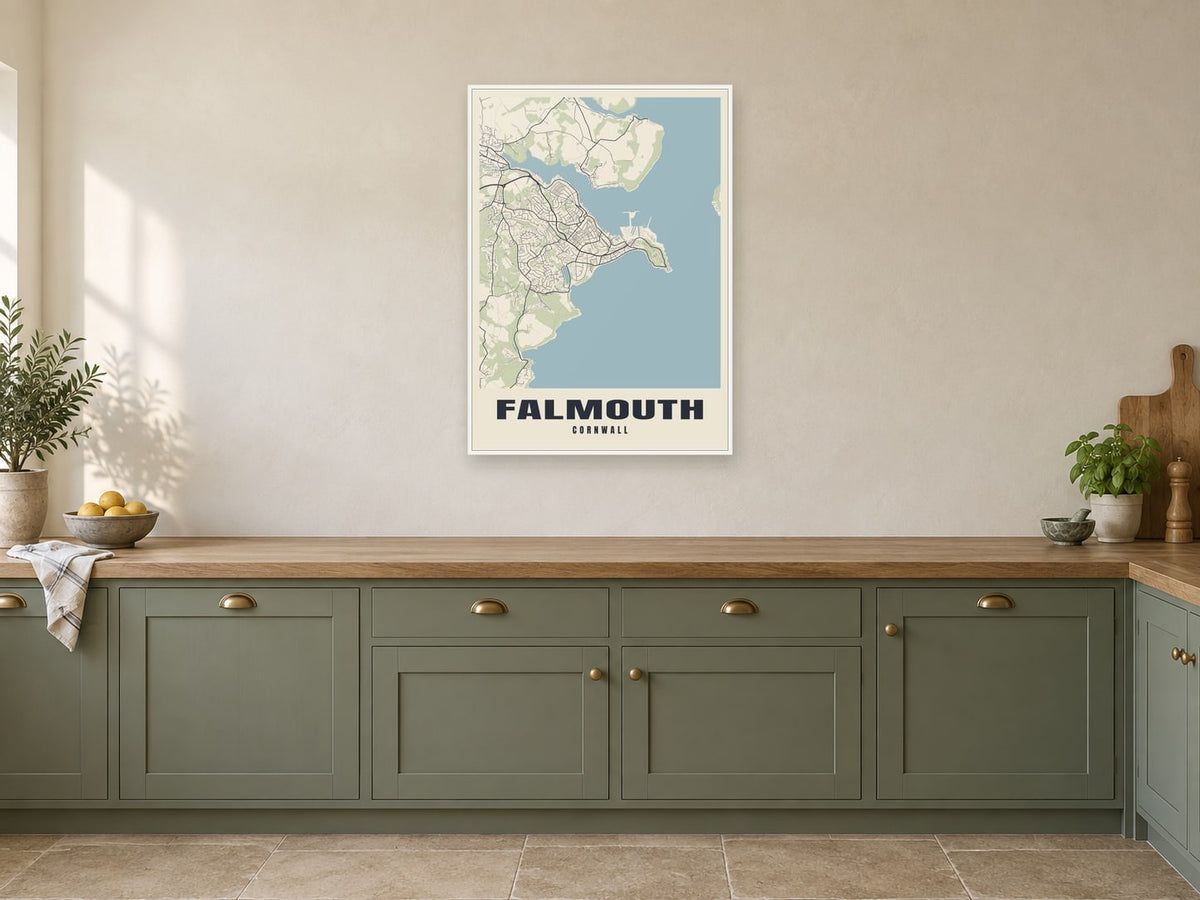 Falmouth Street Map Poster at A1, in a white frame, in a kitchen