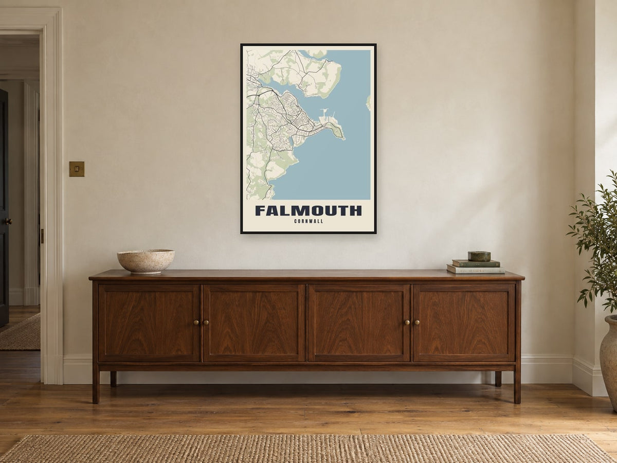 Falmouth Street Map Poster at A1, in a black frame, above a sideboard