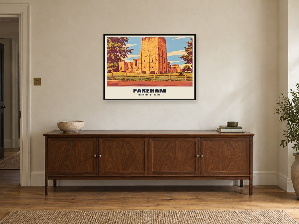 Portchester Castle, Fareham Poster at A1, in a black frame, above a sideboard