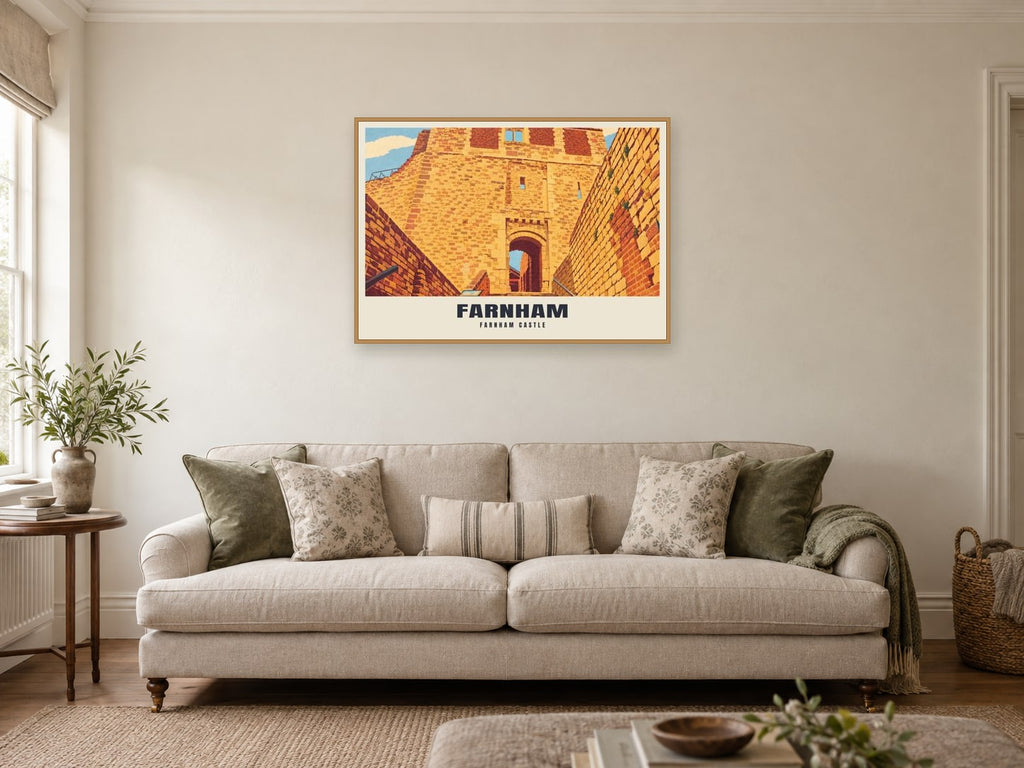 Farnham Castle Poster at A1, in a natural wood frame, in a sitting room