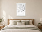 Farnworth Town Centre Street Map Poster at A1, as a poster, above a bed