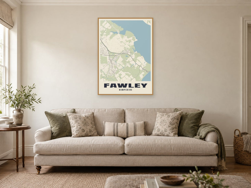 Fawley Street Map Poster at A1, in a natural wood frame, in a sitting room