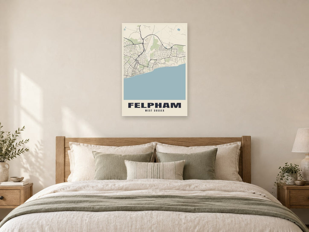 Felpham Street Map Poster at A1, as a poster, above a bed