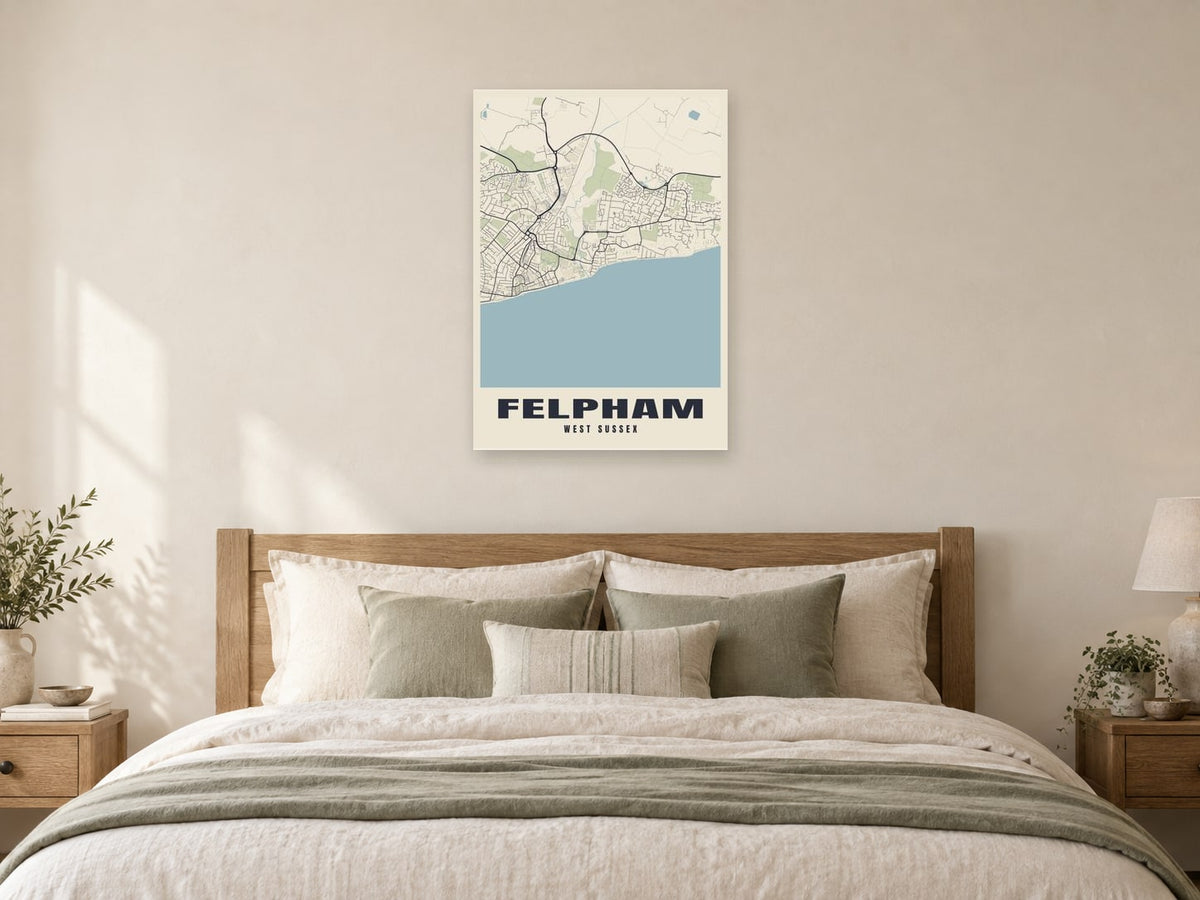 Felpham Street Map Poster at A1, as a poster, above a bed
