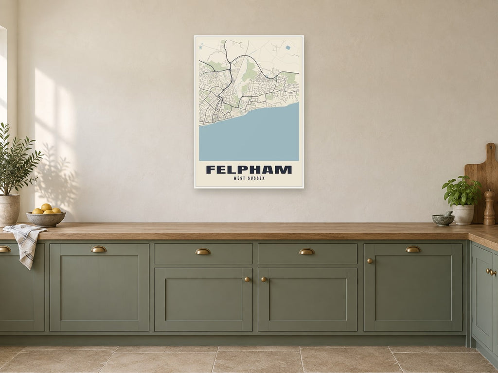 Felpham Street Map Poster at A1, in a white frame, in a kitchen