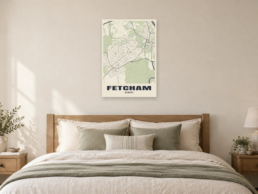 Fetcham Street Map Poster at A1, as a poster, above a bed