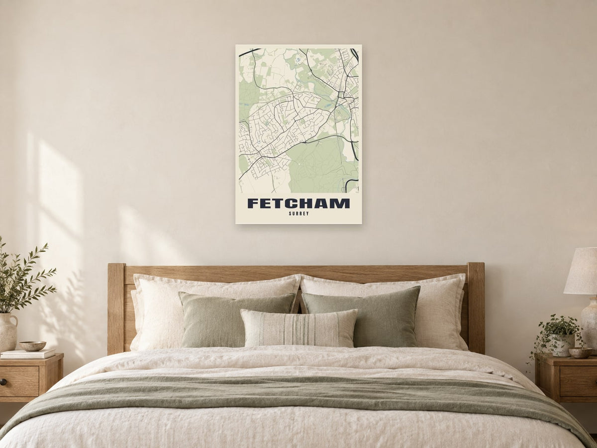 Fetcham Street Map Poster at A1, as a poster, above a bed