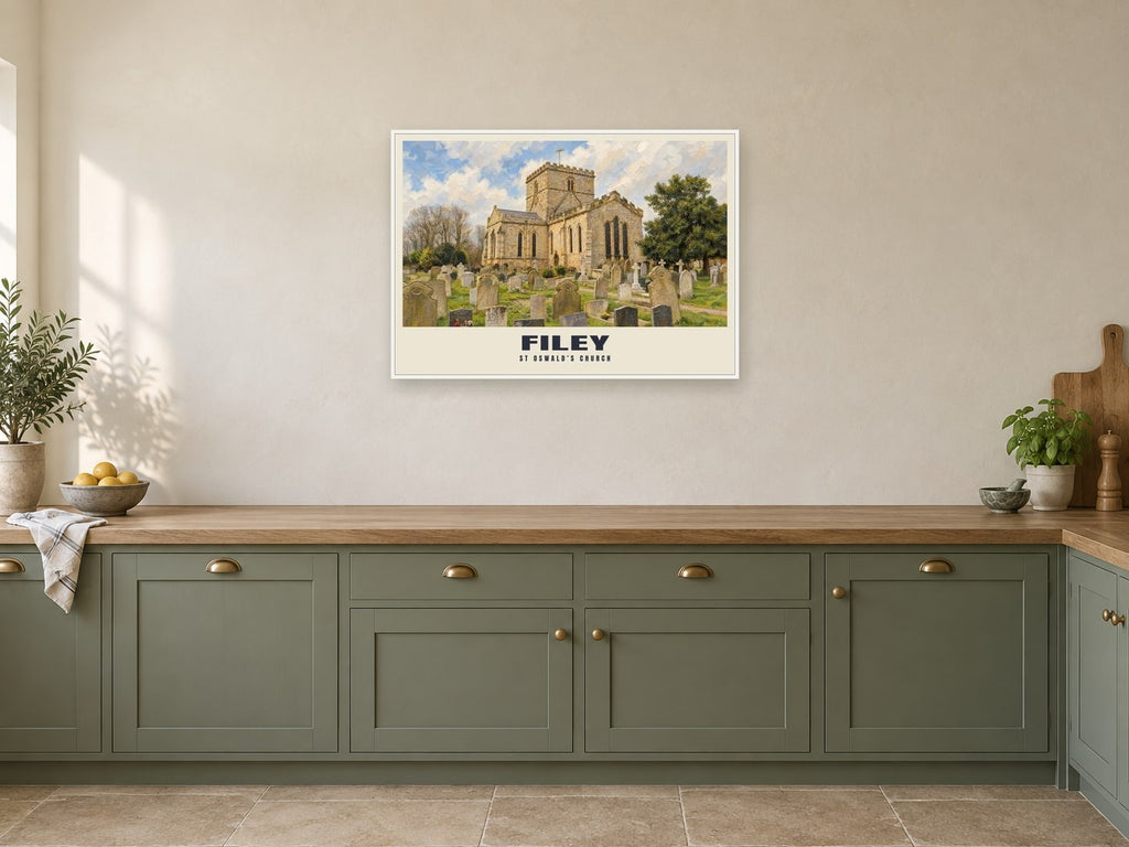 St Oswald’s Church, Filey Poster at A1, in a white frame, in a kitchen