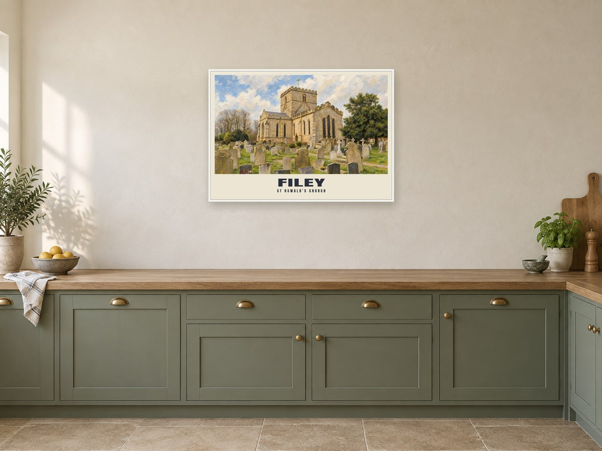 St Oswald’s Church, Filey Poster at A1, in a white frame, in a kitchen